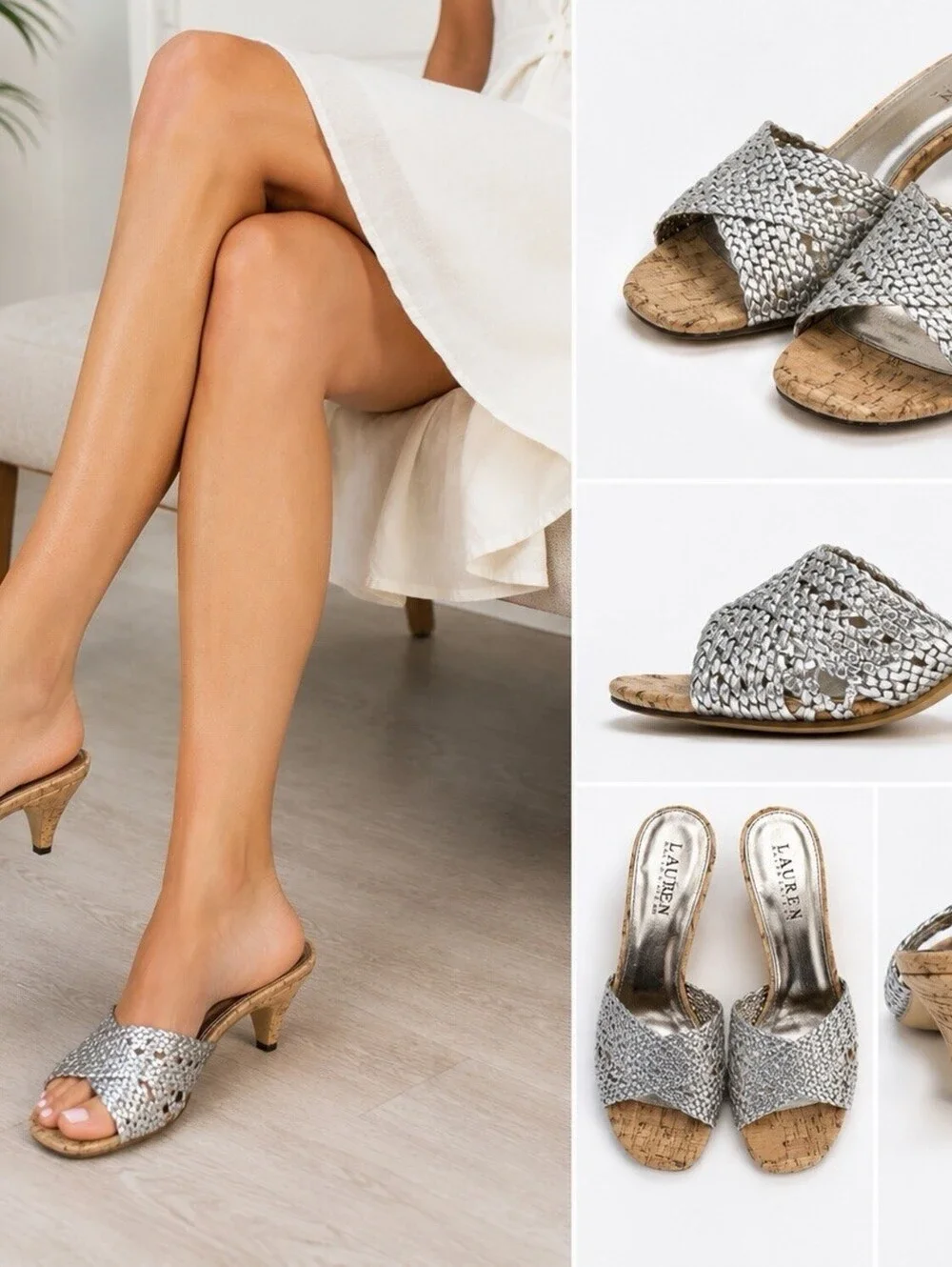 Lauren Ralph Lauren Valena Leather Woven Cork Heel Slide Sandals Silver 7.5B